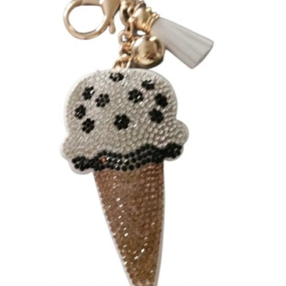 Ice Cream Cone Bag Charm Keychain with White Gold Rhinestones NEW